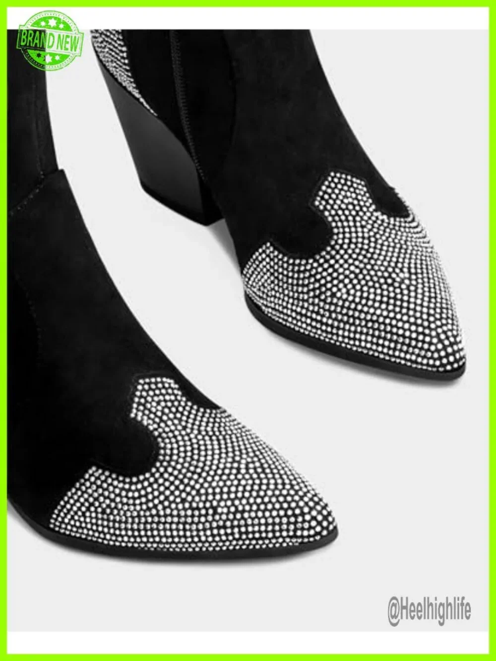 Faux Suede Cowgirl Boots - Rhinestone Thigh High Over The Knee Chunky Heel